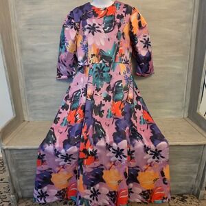 N by Nancy Vibrant Multicolor Floral Pleated Aline Full Length Dress Large GC